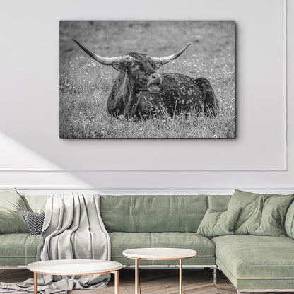 Black And White Longhorn Bull Canvas Wall Art