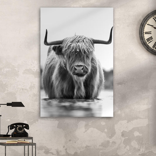 Grayscale Highland Cow Portrait Canvas Wall Art