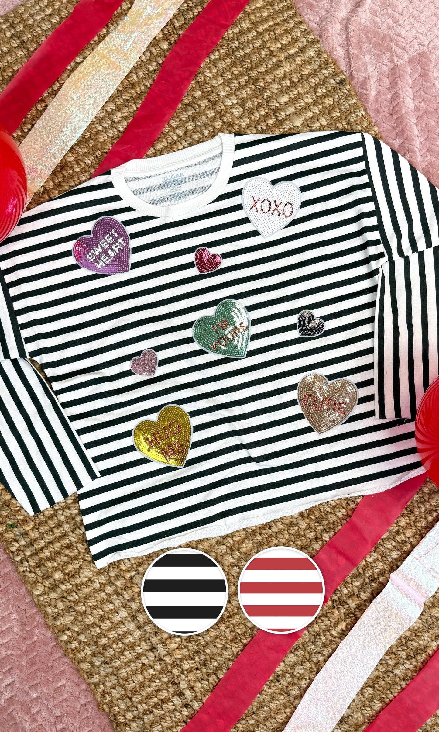 Conversation Hearts Graphic Long Sleeve Striped Edgy