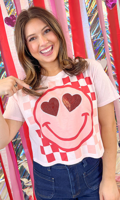 Valentine Sequin Smiley Graphic Crop Top T-Shirt