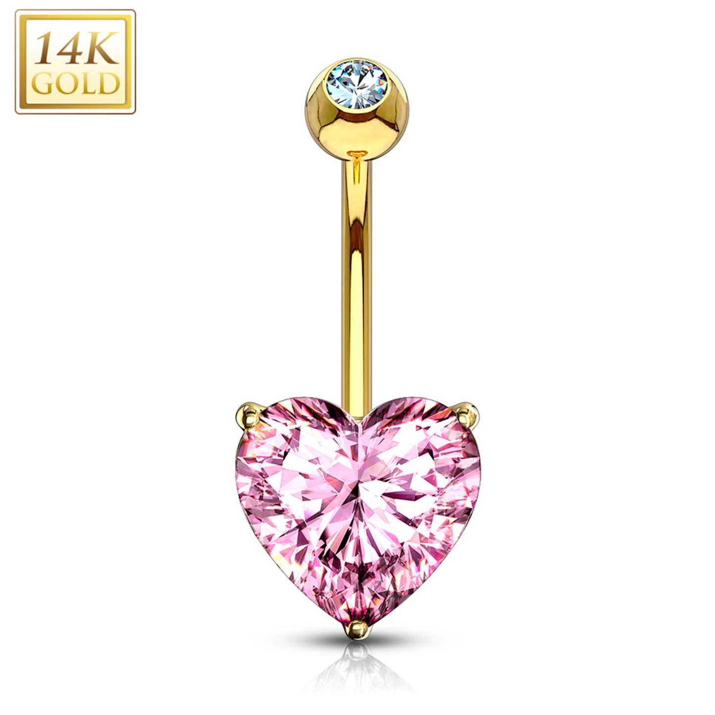 14k Solid Yellow Gold Prong Set Pink 6mm CZ Heart Belly Ring