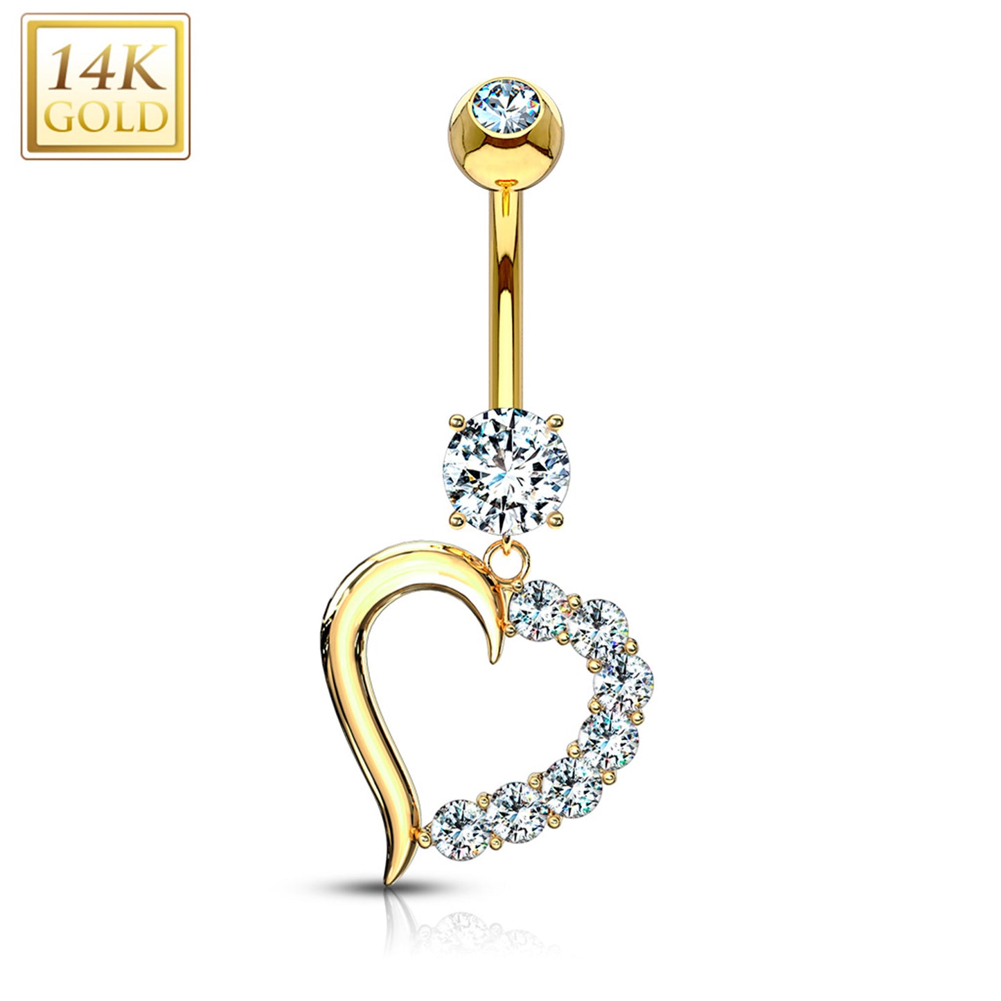 14k Solid Yellow Gold CZ Posh Hollow Heart Dangle Belly Ring