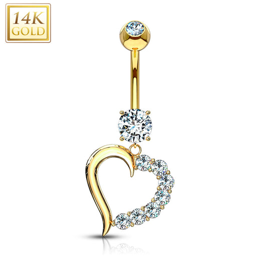 14k Solid Yellow Gold CZ Posh Hollow Heart Dangle Belly Ring