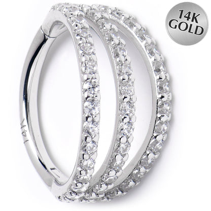 16G 3/8 Solid 14K White Gold Clear CZ Gem Row Hinged Segment Ring