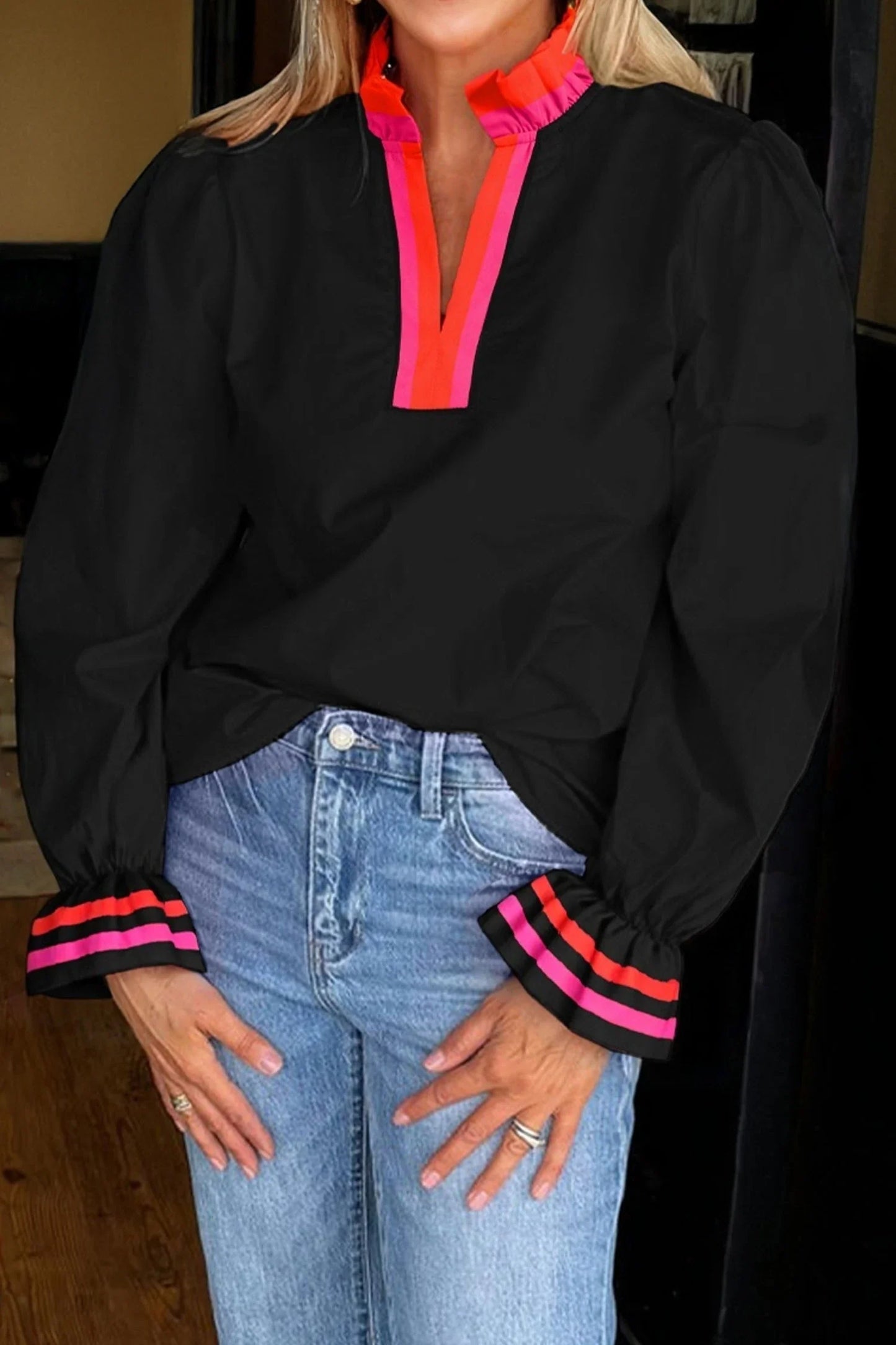 Stripe Trim Ruffle Split Neck Long Sleeve Blouse