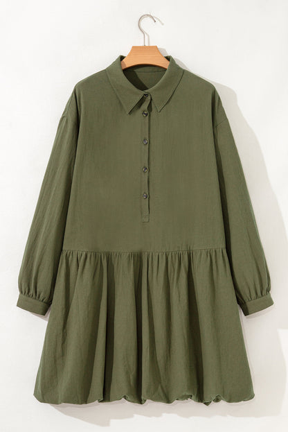 Plus Size Collared Half-Button Ruffle Hem Mini Dress