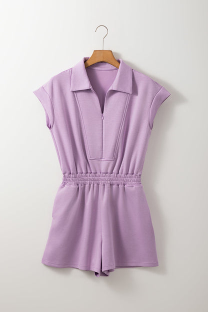 Bouquet Short Sleeve Zipper Collar High-Waist Romper