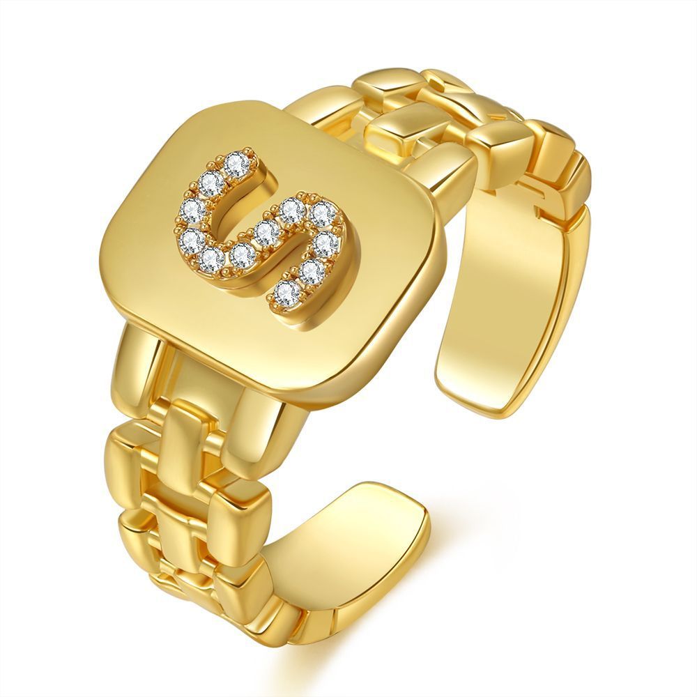 Letter Series Gold-plated Zircon Strap Design Ring