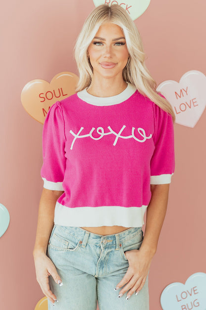 Valentine XOXO Embroidered Puff Sleeve Sweater Tee