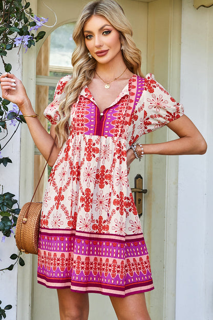 Floral Boho Lace-up V-Neck Mini Dress