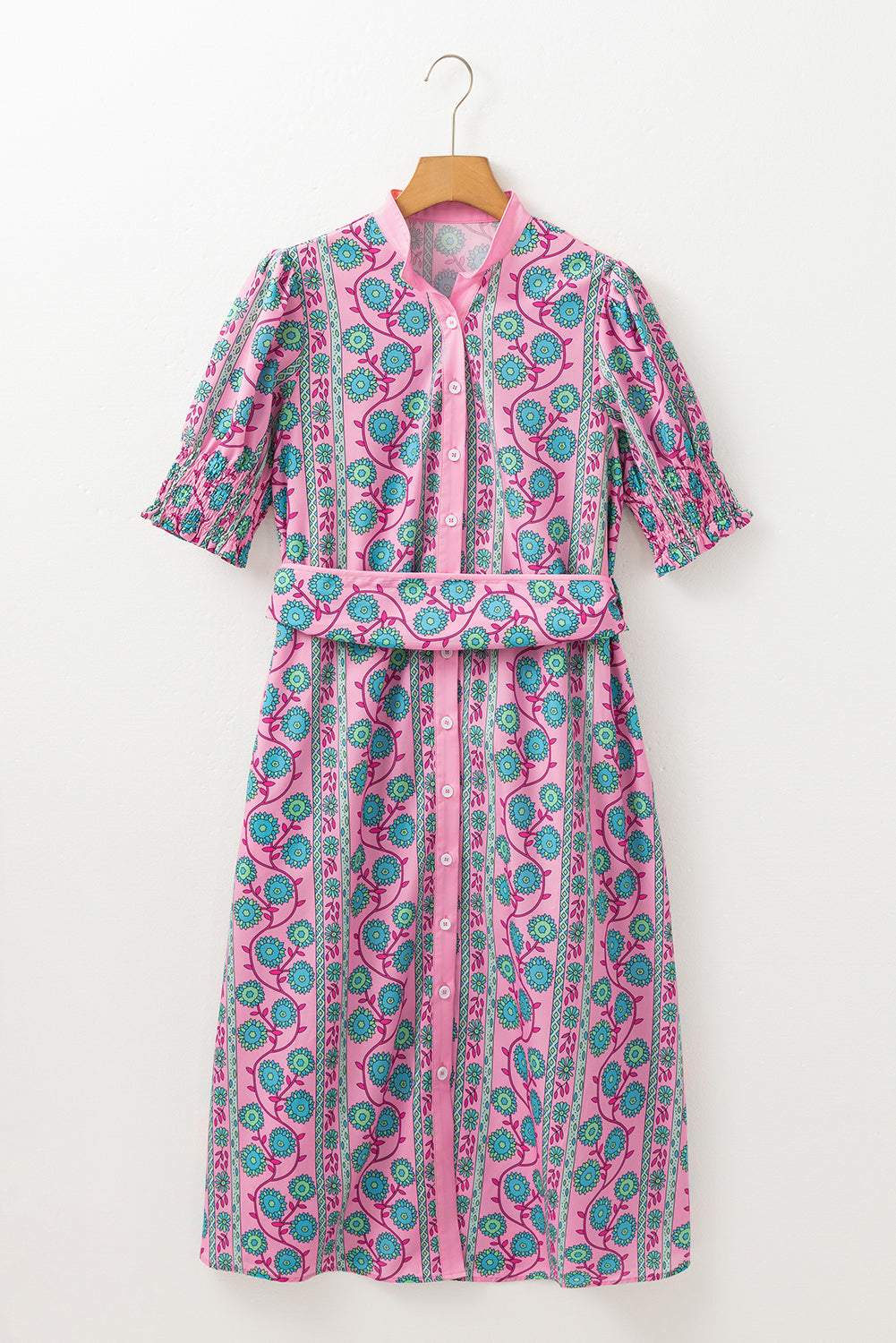 Floral Puff Sleeve Buttoned Midi Dress