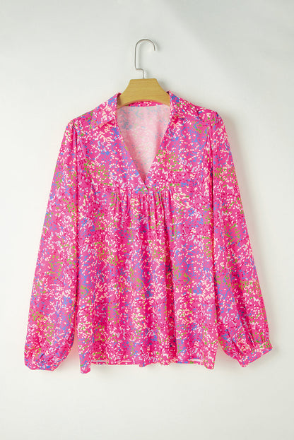 Abstract Collared V-Neck Babydoll Blouse
