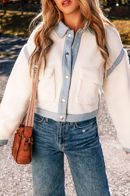 Solid Contrast Trim Buttoned Sherpa Jacket
