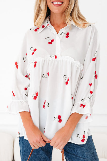 Cherry Frilled Collar 3/4 Sleeve Babydoll Blouse