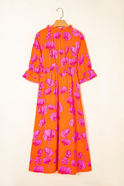 Floral Frilly Smocked V-Neck Maxi Dress