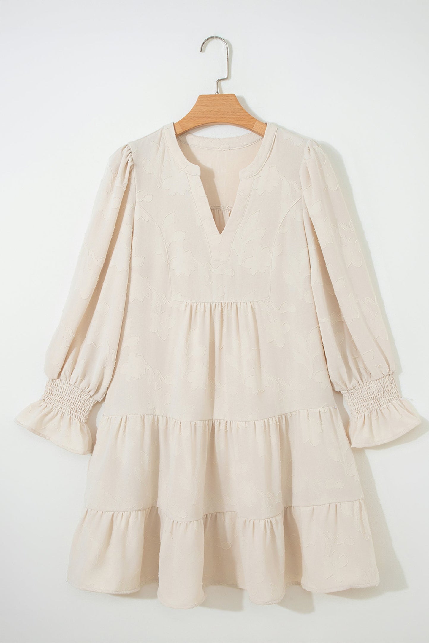 Long Sleeve Notch Jacquard Tiered Mini Dress