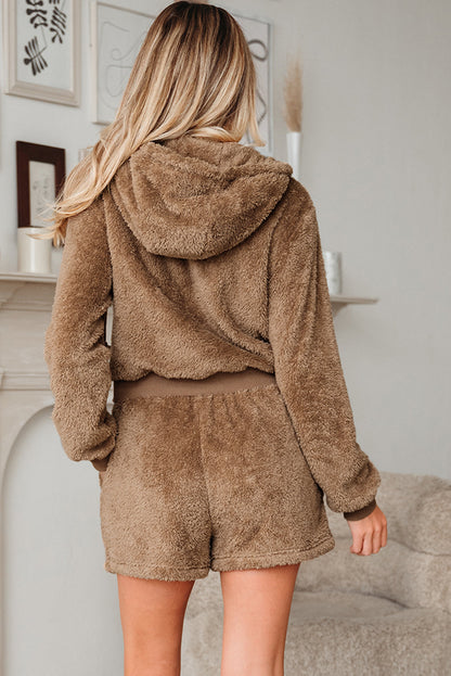 Sherpa Zip-Up Hoodie and Drawstring Shorts Set