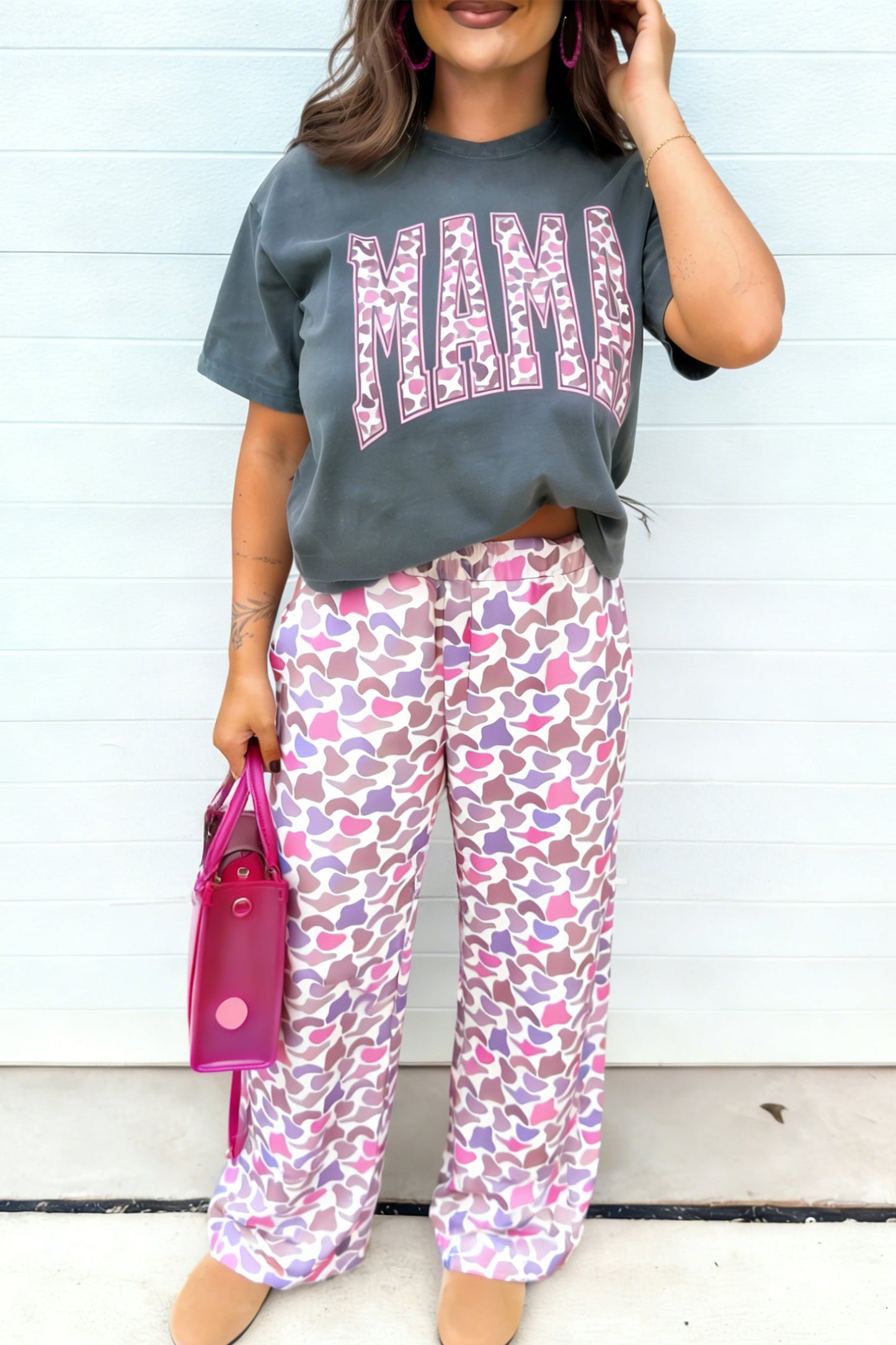MAMA Letter Graphic Tee & Camo Loose Pant Set
