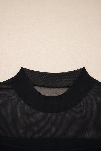 Sheer Mesh Patchwork Cap Sleeve T-Shirt