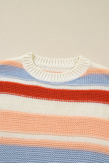 Stripe Colorblock Round Neck Drop Shoulder Sweater