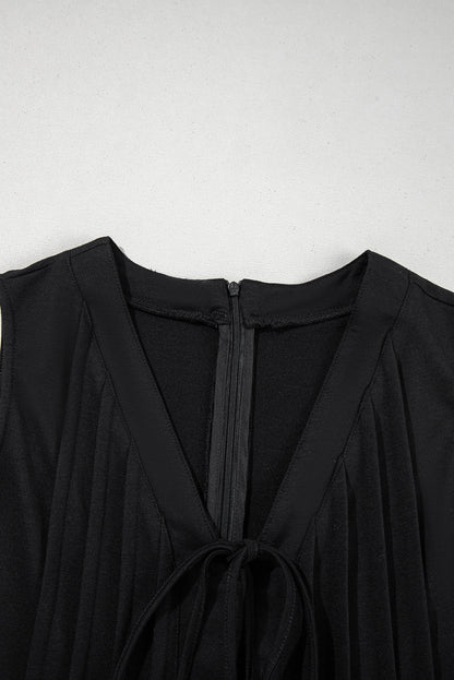 Tie V-Neck Pintuck Sleeveless Loose Romper