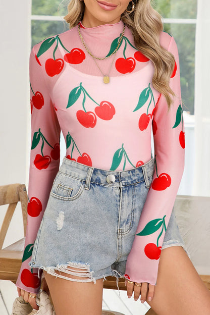 Cherry Lettuce Trim Long Sleeve Mesh Top