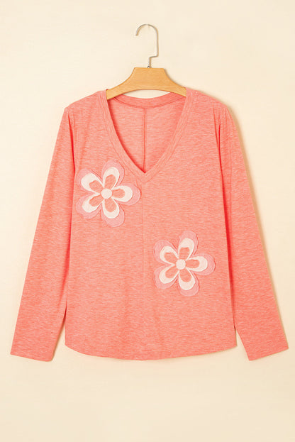 Floral Patchwork V-Neck Long Sleeve Top