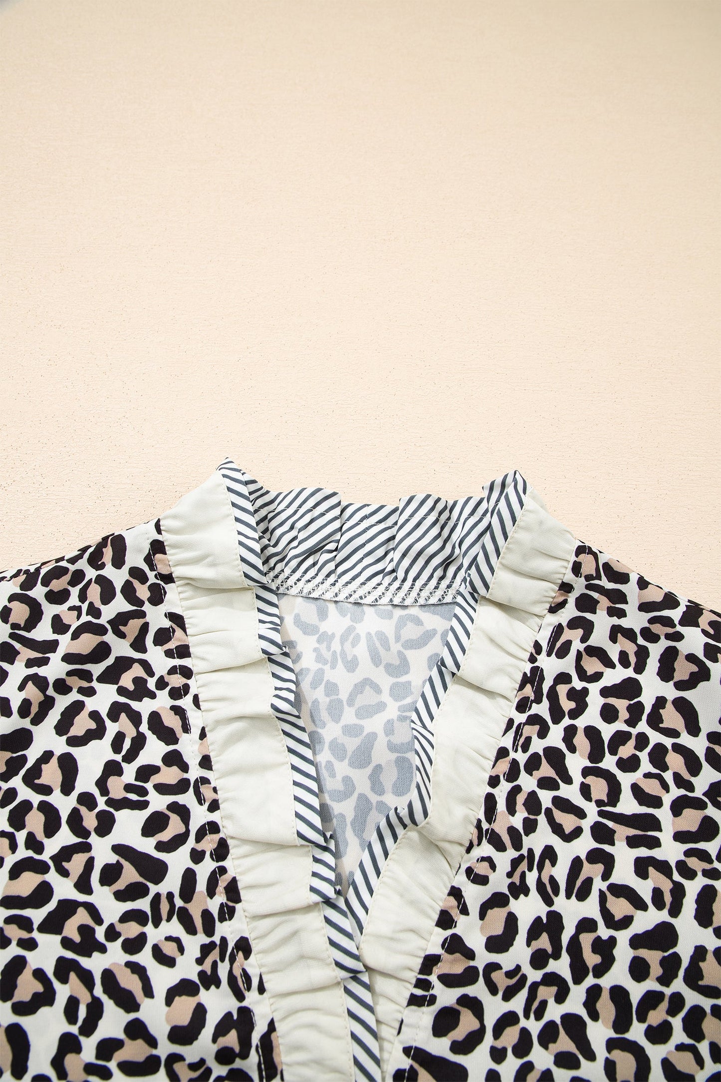 Leopard Stripe V-Neck Color Block Trim Blouse