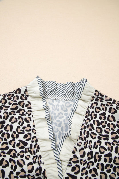 Leopard Stripe V-Neck Color Block Trim Blouse