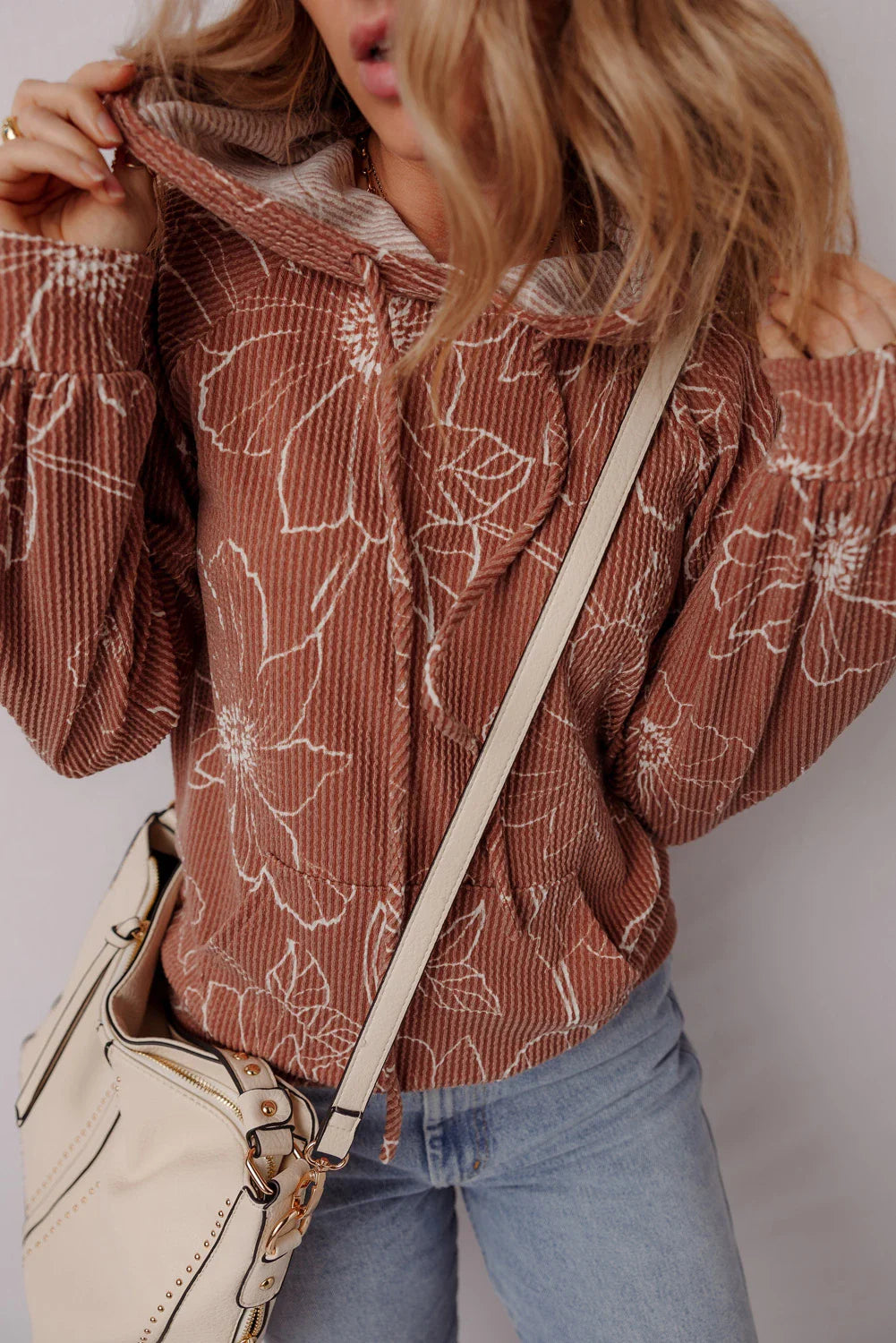 Floral Corded Knit Drawstring Kangaroo Pocket Hoodie