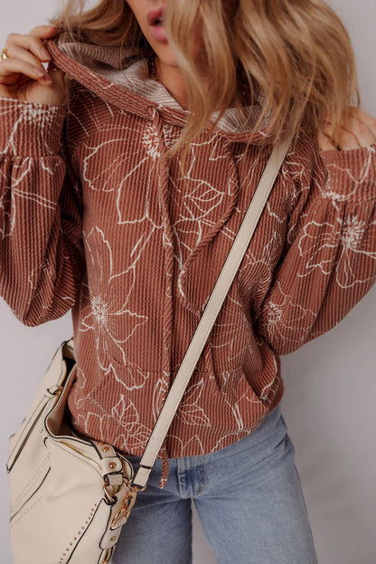 Floral Corded Knit Drawstring Kangaroo Pocket Hoodie
