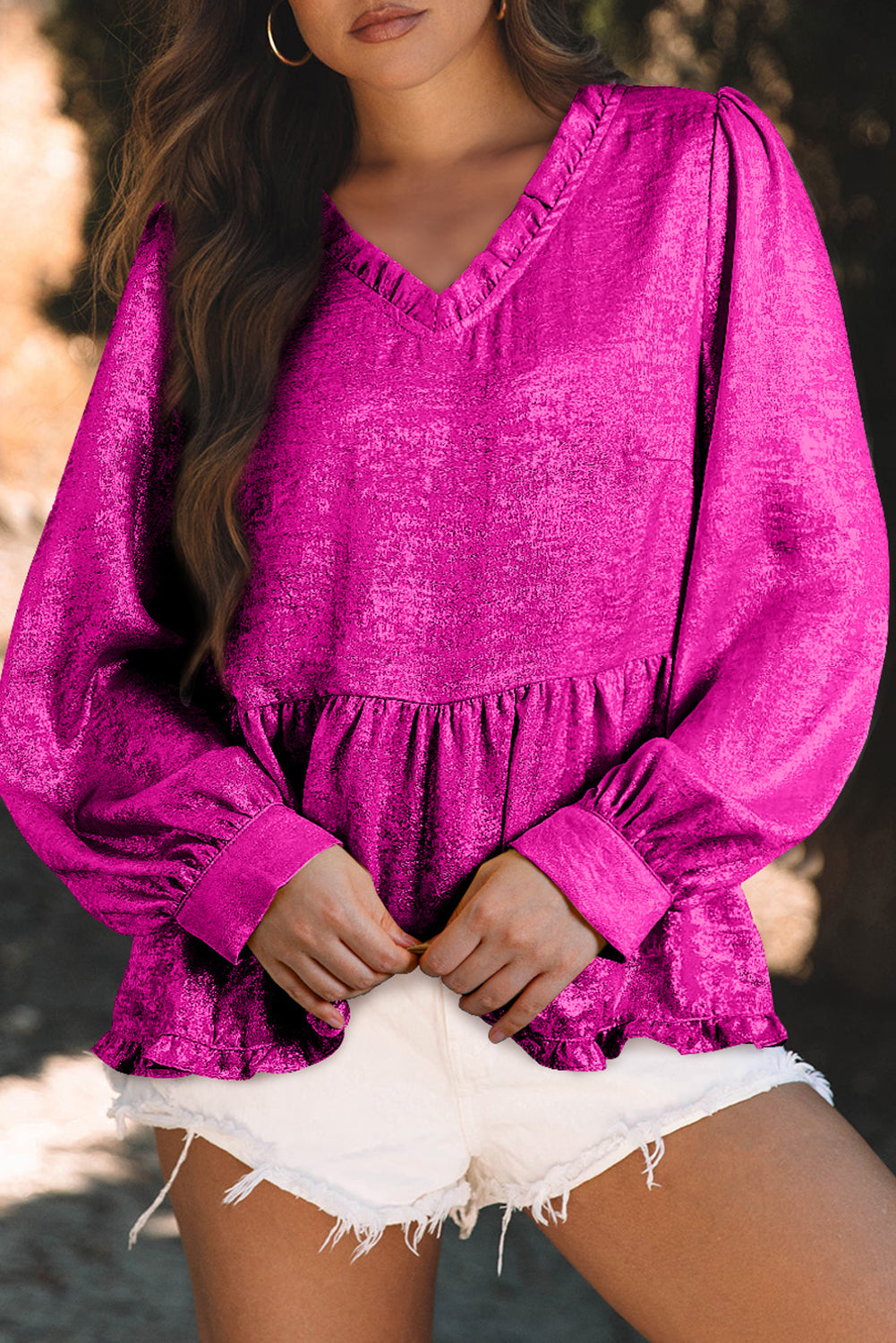 Solid Metallic V-Neck Puff Sleeve Babydoll Blouse