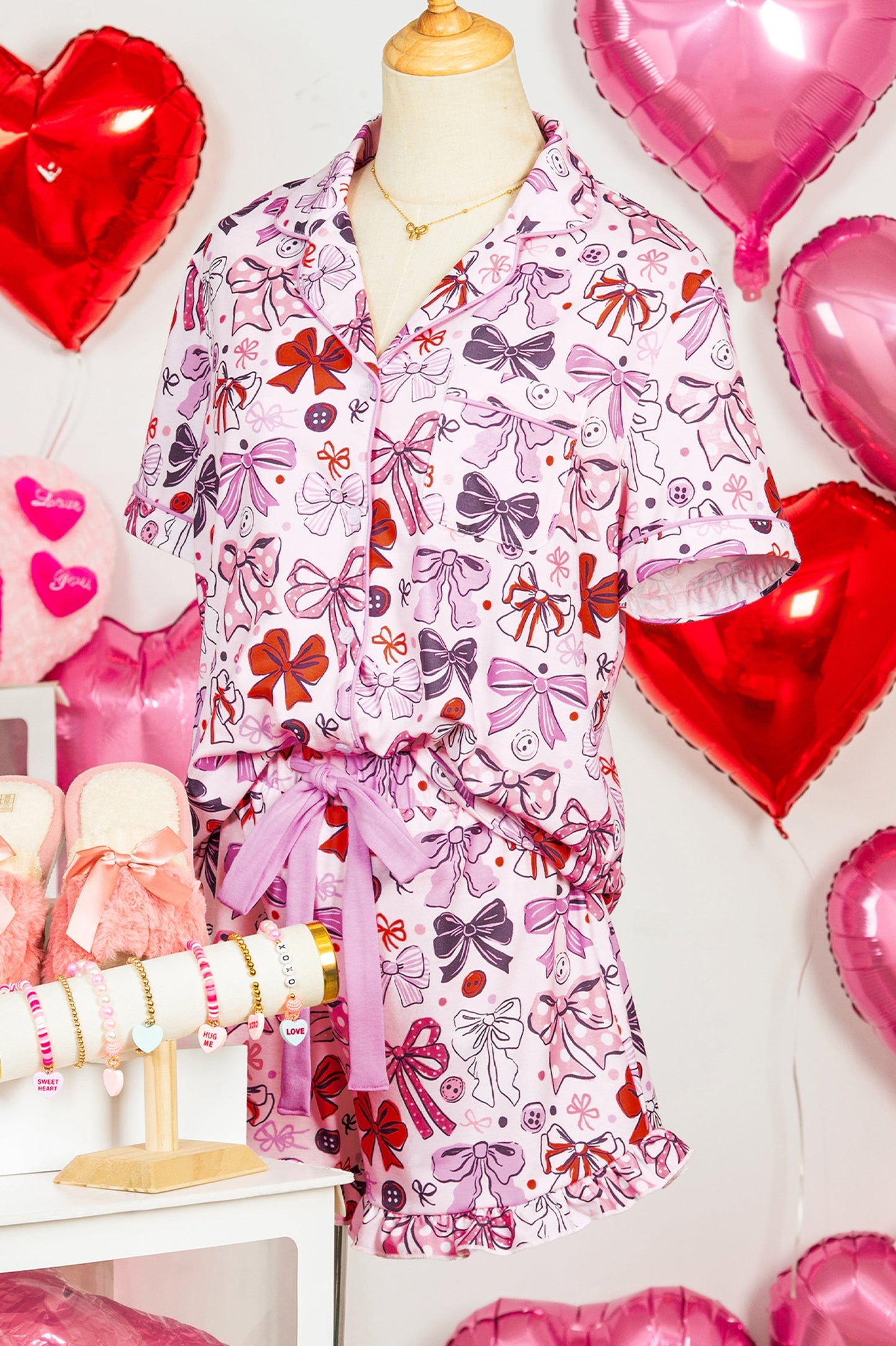 Polka Dot Bow Tie Shirt and Shorts Pajama Set
