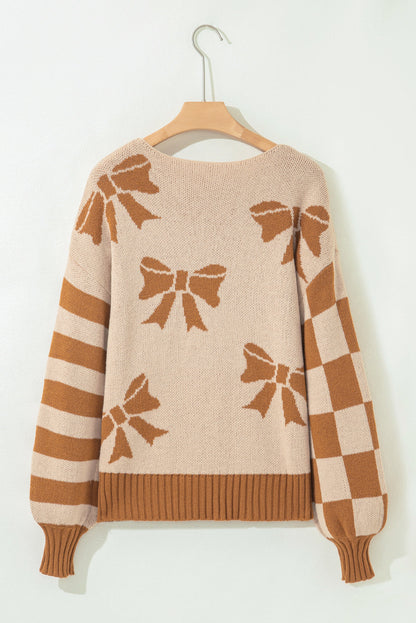 Bow Checker Stripe Patchwork Sleeve Sweater