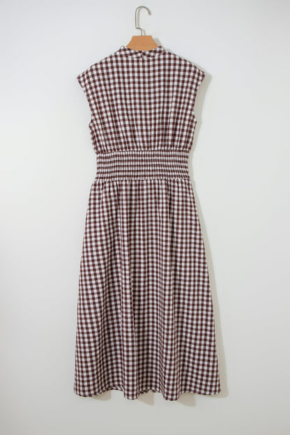 Plaid Zipper Cinched Waist Fit Flare Maxi Dress