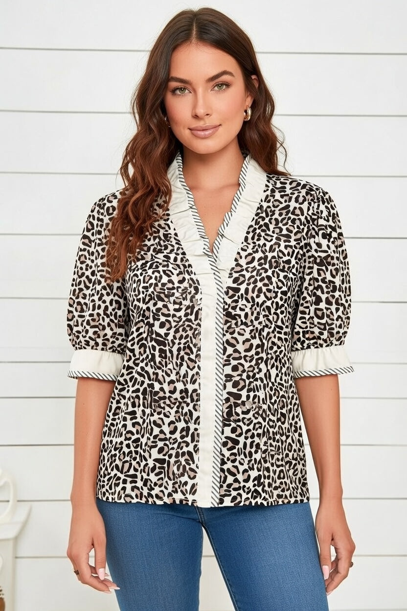 Leopard Stripe V-Neck Color Block Trim Blouse