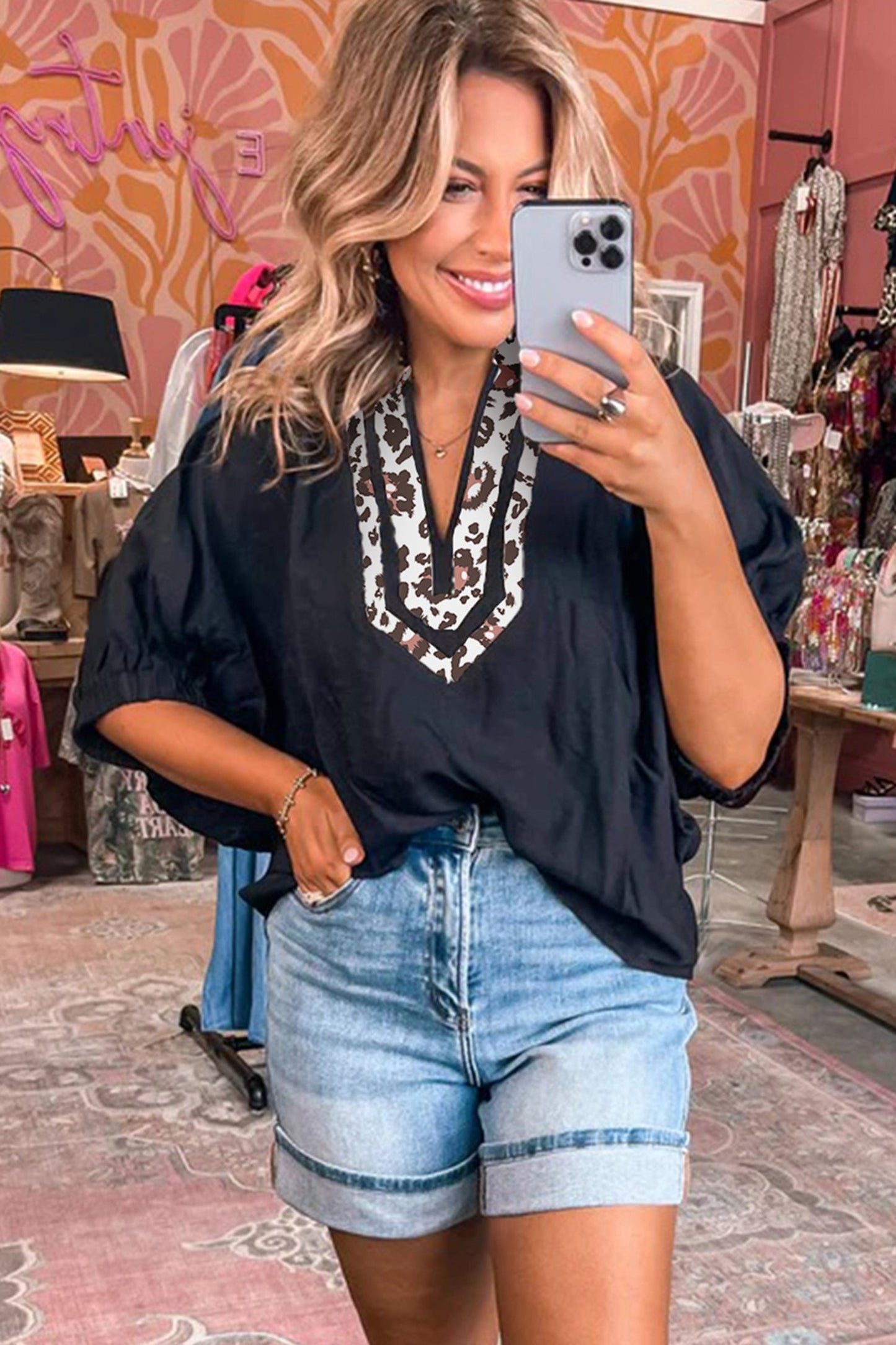 Dolman Half Sleeve Leopard Patchwork V-Neck Blouse