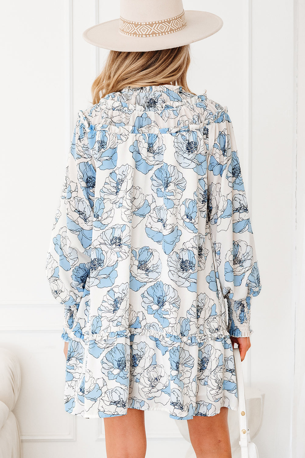Floral Ruffle Tie Neck Mini Dress