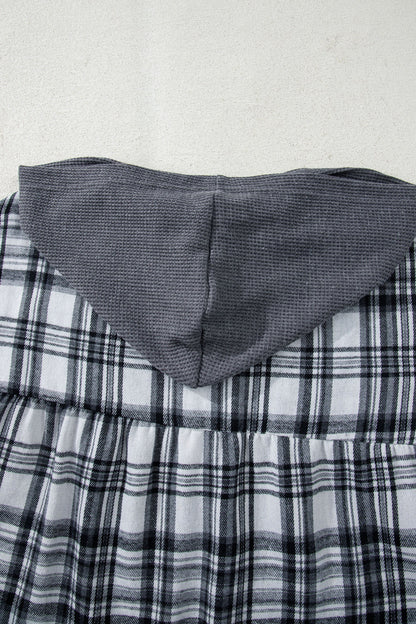 Plaid Quarter-Button Patchwork Long Sleeve Hooded Blouse