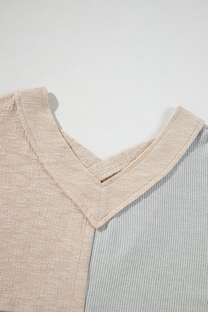 Plus Size Textured Patchwork Long Sleeve V-Neck Top