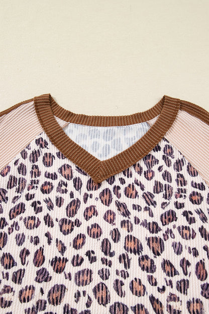 Plus Size Leopard Colorblock Ribbed V-Neck Pullover