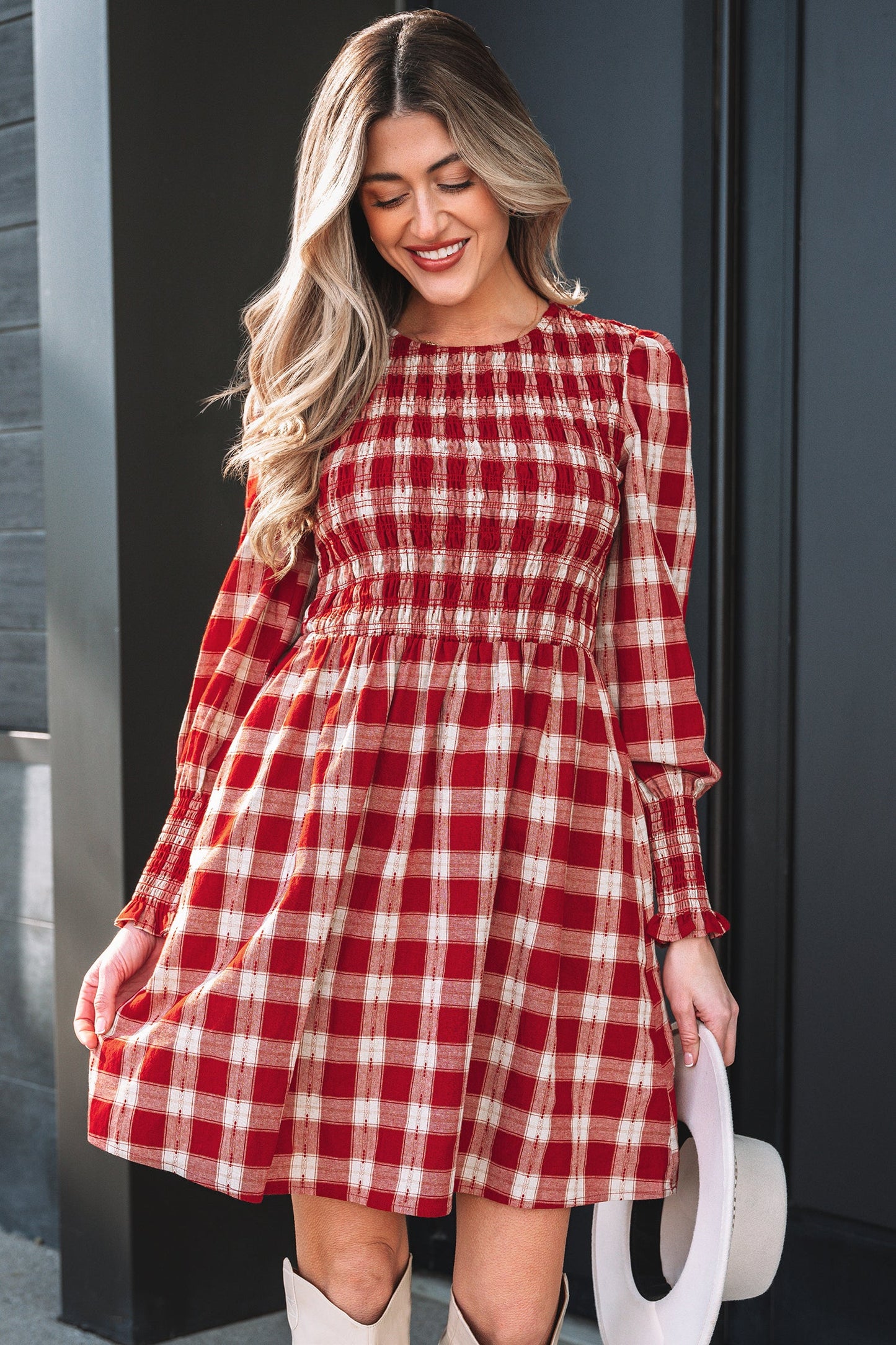 Plaid Smock Puff Sleeve Mini Dress