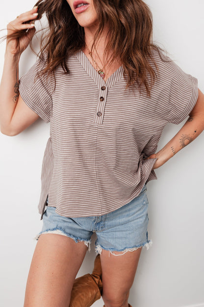 Stripe Buttoned V-Neck T-Shirt