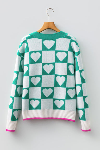 Valentine Heart Checker Buttoned V-Neck Cardigan