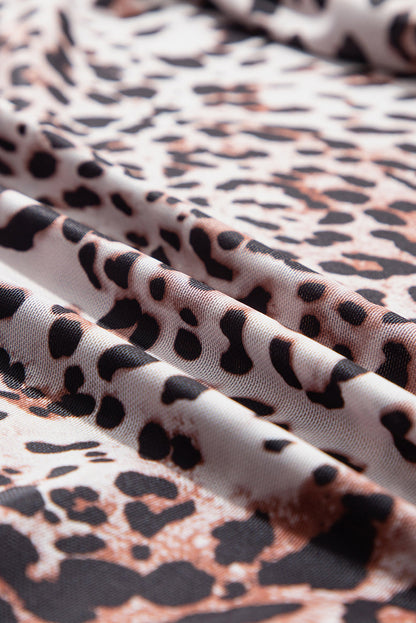 Leopard Mesh Smocked Neck Long Sleeve Bodysuit