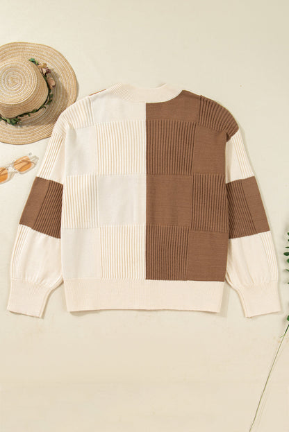 Plus Size Checker Ribbed Knit Buttoned V-Neck Cardigan