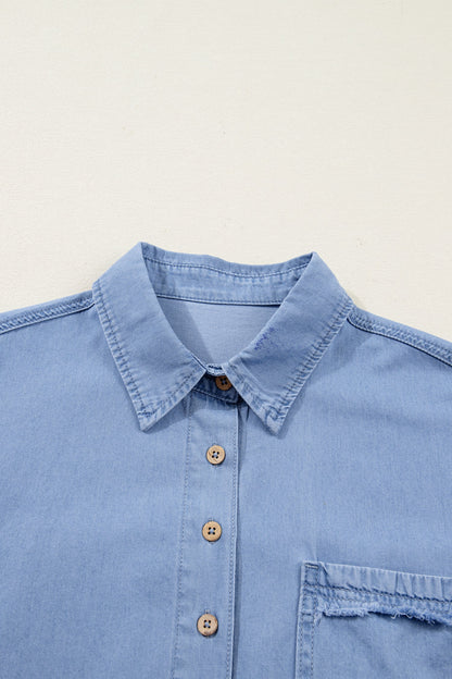 Floral Drop Shoulder Bracelet Sleeve Chambray Shirt