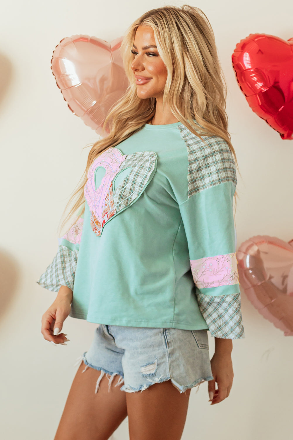 Valentine Heart Plaid Floral Patchwork Long Sleeve Top