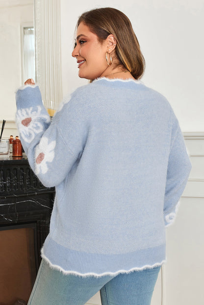 Plus Size Floral Scallop V-Neck Sweater