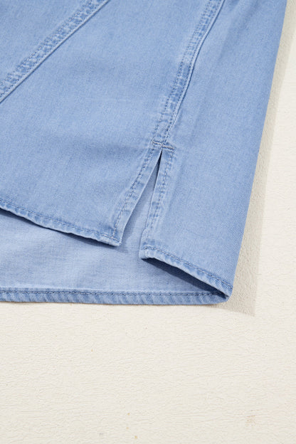 Floral Drop Shoulder Bracelet Sleeve Chambray Shirt